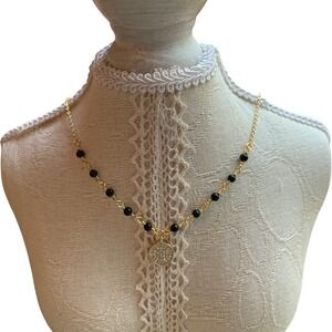 Gold Tone Necklace Black Beads Rhinestone Pendant‎ Chain Fashion Jewelry